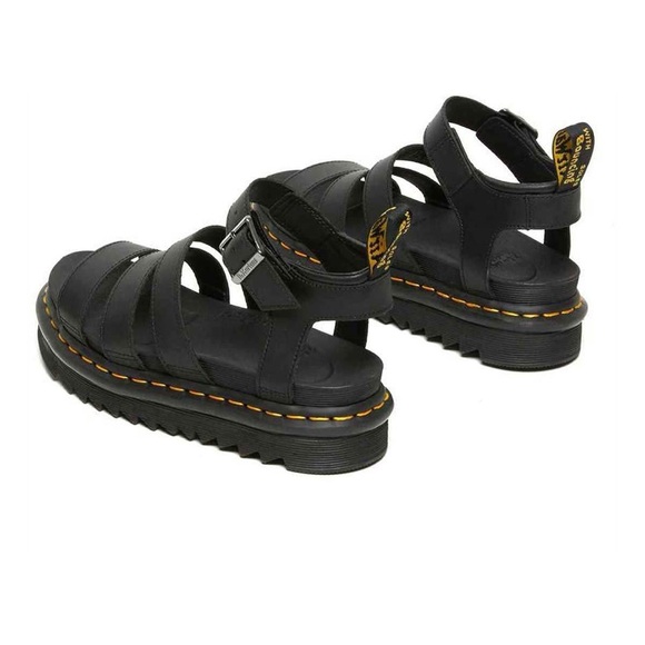 Dr. Martens Black Leather Strappy Platform Sandals with Yellow Stitching - Picture 5 of 6